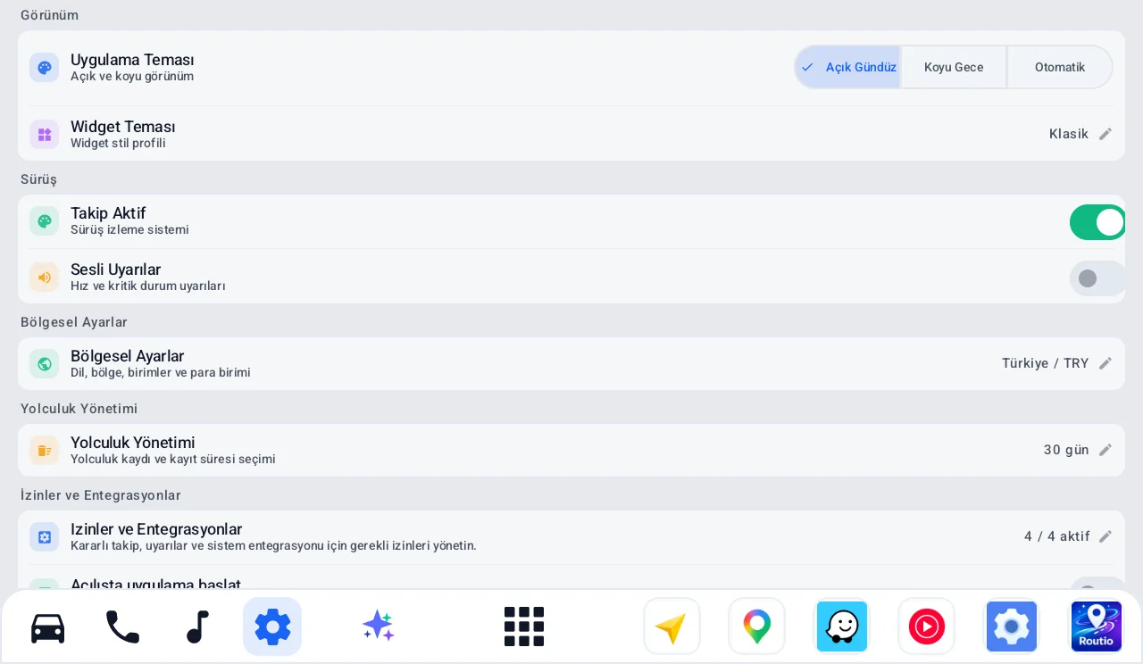 Routio settings: theme, widget style, tracking and regional options