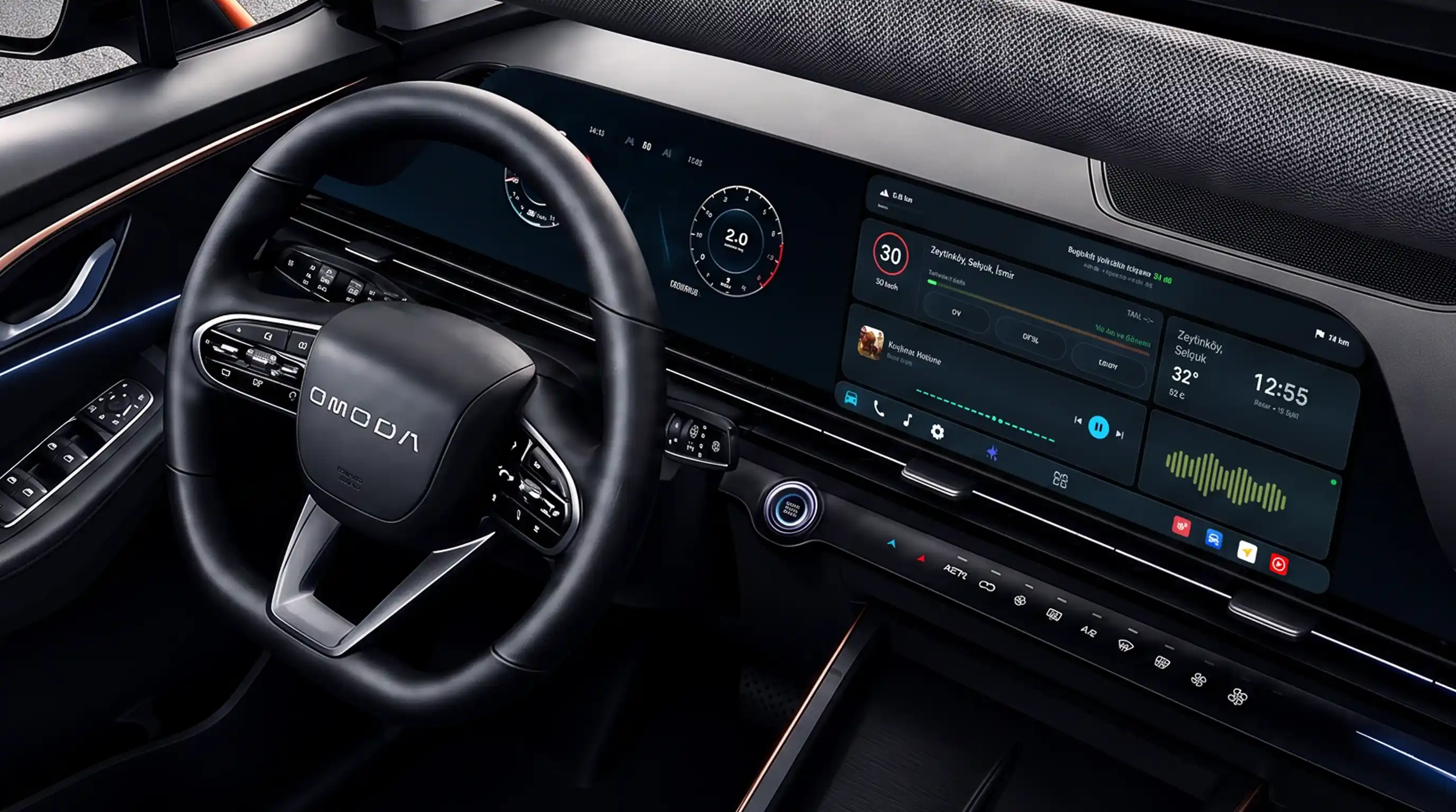 Routio running on the Chery Omoda 5's factory head unit screen, dark themed with live navigation, weather and media widgets